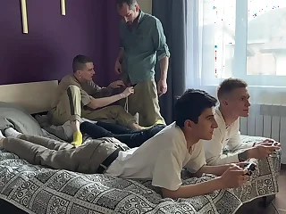 Stepfather together with stepson fuck twinks in their tight asses in the long run b for a long time they play the console